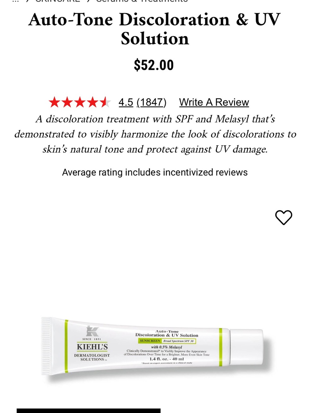 Kiehl's Auto Tone Discoloration and UV Solution - Sunscreen Drug Facts Panel